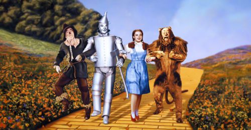 Characters from the Wizard of Oz: the Scarecrow, the Tin Man, Dorothy, and the Cowardly Lion