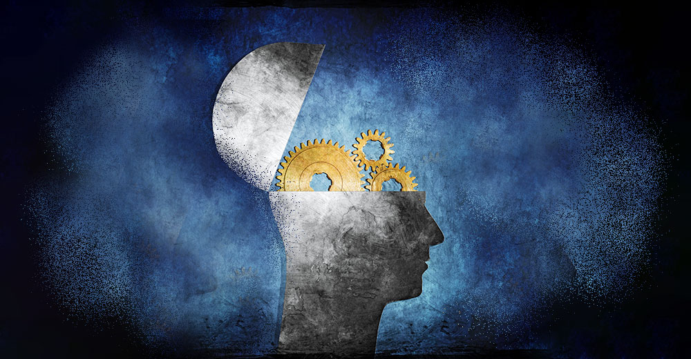 Illustration of cogs and wheels inside human head