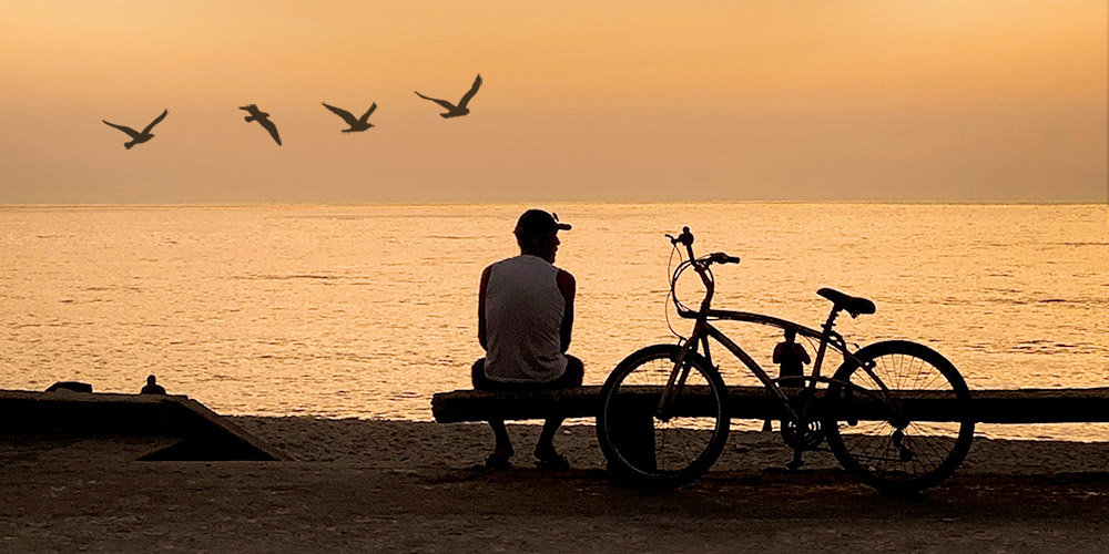 Man with bicycle at the beach