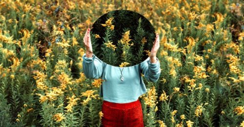 woman in field of flowers holding a mirror over her face